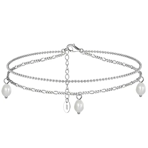 925 Sterling Silver Double Layer Freshwater Pearl Anklet Minimalist Geometric Bead Chain For Women Beach Vacation Wedding Jewelry
