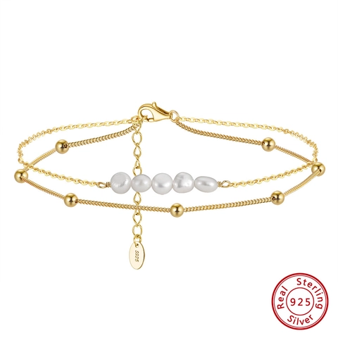 925 Sterling Silver Double Layer Freshwater Pearl Anklet Minimalist 14K Gold Plated Chain Foot Jewelry For Women Summer Beach Accessory