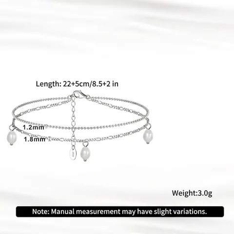 925 Sterling Silver Double Layer Freshwater Pearl Anklet Minimalist Geometric Bead Chain For Women Beach Vacation Wedding Jewelry