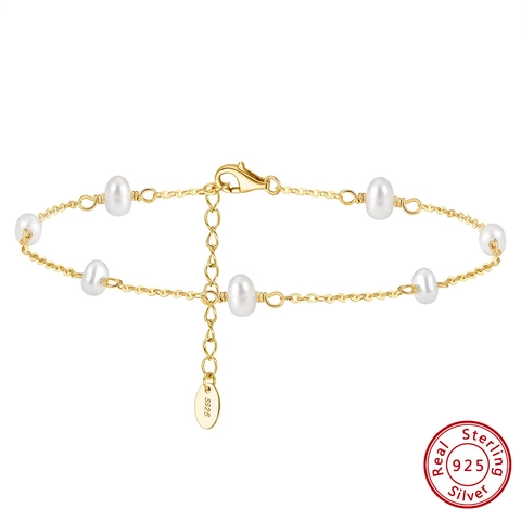 925 Sterling Silver Freshwater Pearl Anklet For Women Minimalist Summer Beach Jewelry Adjustable 14K Gold Plated Accessory