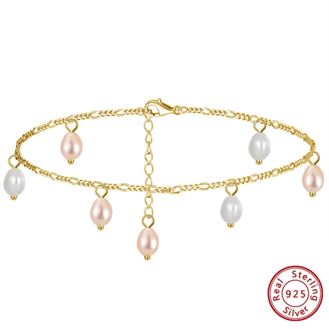 Cavigliera in Argento Sterling 925 Con Perla d'Acqua Dolce Naturale per Donna Catena Figaro Placcata Oro 14K Gioielli da Spiaggia