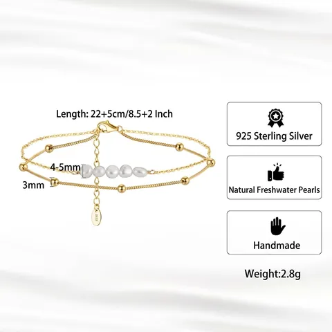 925 Sterling Silver Double Layer Freshwater Pearl Anklet Minimalist 14K Gold Plated Chain Foot Jewelry For Women Summer Beach Accessory