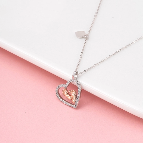 925 Sterling Silver Heart Pendant Necklace For Women Baby Footprints Zirconia Inlaid Mothers Day Jewelry Gift