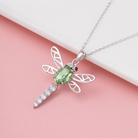 925 Sterling Silver Dragonfly Pendant Necklace Green Austria Crystal Rhinestone Hollow Wings Animal Jewelry For Women