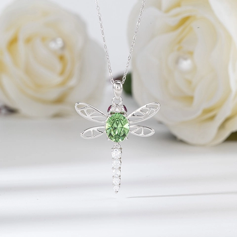 925 Sterling Silver Dragonfly Pendant Necklace Green Austria Crystal Rhinestone Hollow Wings Animal Jewelry For Women