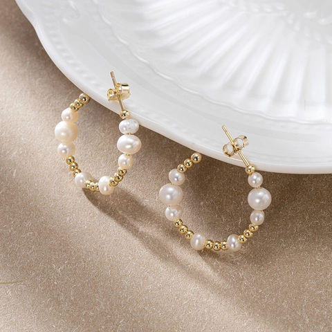 Handmade 925 Sterling Silver Natural Pearl C-Shape Hoop Earrings For Women Retro Minimalist Elegant Beaded Jewelry Gift