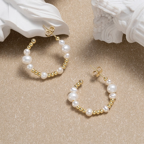 Handmade 925 Sterling Silver Natural Pearl C-Shape Hoop Earrings For Women Retro Minimalist Elegant Beaded Jewelry Gift