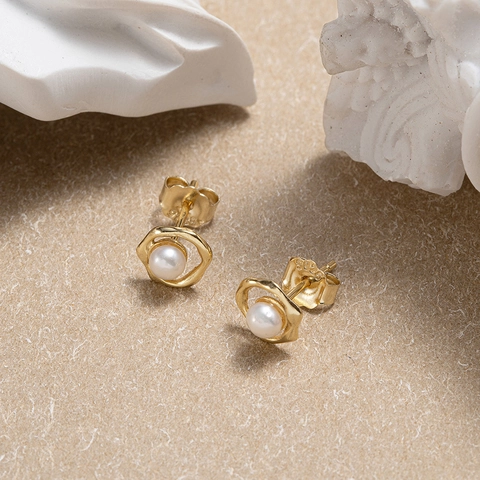 925 Sterling Silver Freshwater Pearl Stud Earrings Mobius Loop Irregular Geometric Gold Plated Fashion Jewelry For Women