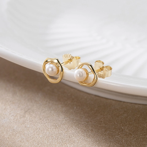 925 Sterling Silver Freshwater Pearl Stud Earrings Mobius Loop Irregular Geometric Gold Plated Fashion Jewelry For Women