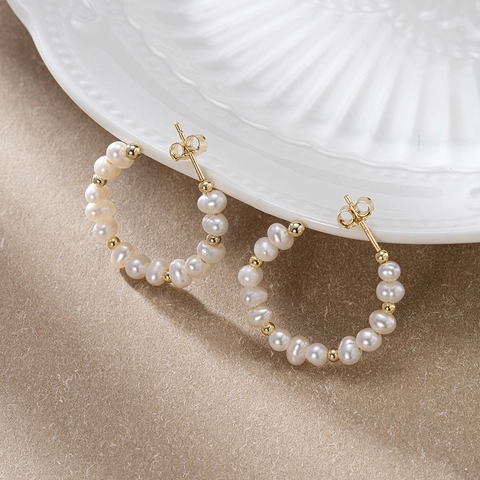 925 Sterling Silver C Shaped Natural Pearl Hoop Earrings For Women Minimalist Korean Style Gold Plated Beaded Jewelry