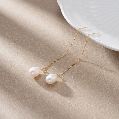 925 Sterling Silver Earring Post Water Drop Freshwater Pearl Long Tassel Ear Thread Earrings For Women Elegant French Style Jewelry