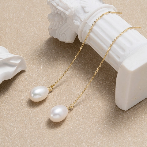 925 Sterling Silver Earring Post Water Drop Freshwater Pearl Long Tassel Ear Thread Earrings For Women Elegant French Style Jewelry