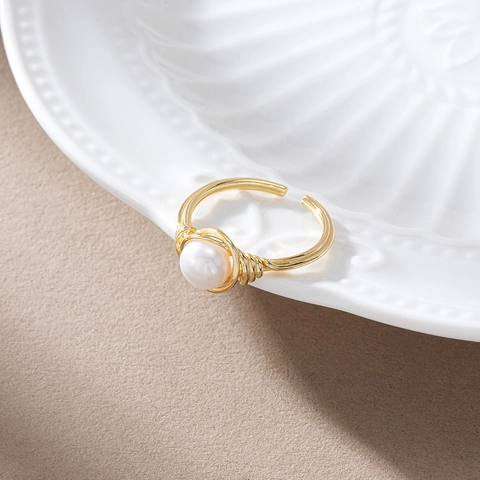 S925 Sterling Silver Freshwater Pearl Open Ring For Women Handmade Wire Wrapped Design Gold Plated Adjustable Fashion Jewelry
