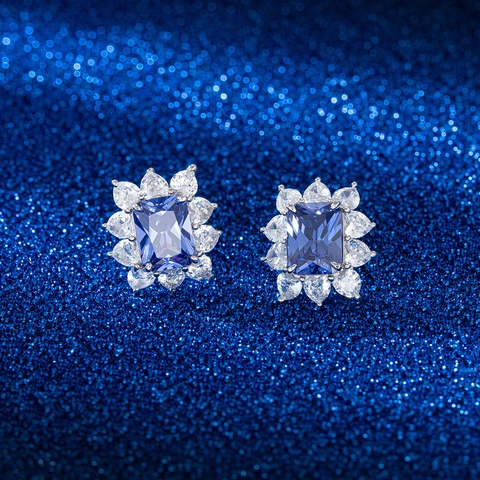 Elegant 925 Sterling Silver Rectangular Blue Zirconia Cluster Stud Earrings High Quality Cubic Zirconia Jewelry For Women