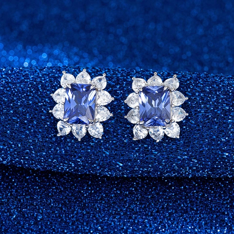Elegant 925 Sterling Silver Rectangular Blue Zirconia Cluster Stud Earrings High Quality Cubic Zirconia Jewelry For Women