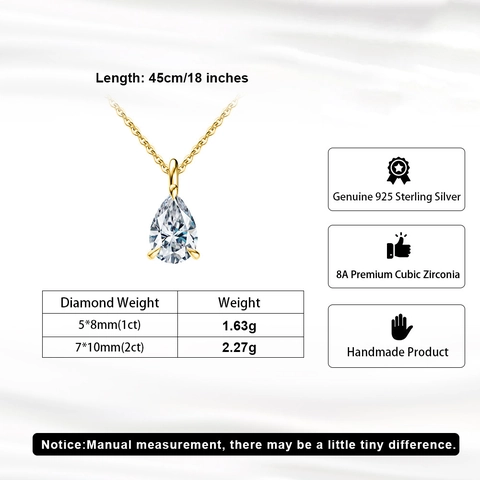 Collar con Colgante de Circonia en Forma de Pera Gota de Agua Cadena de Plata de Ley 925 Chapado en Oro Joyería Elegante Mujer
