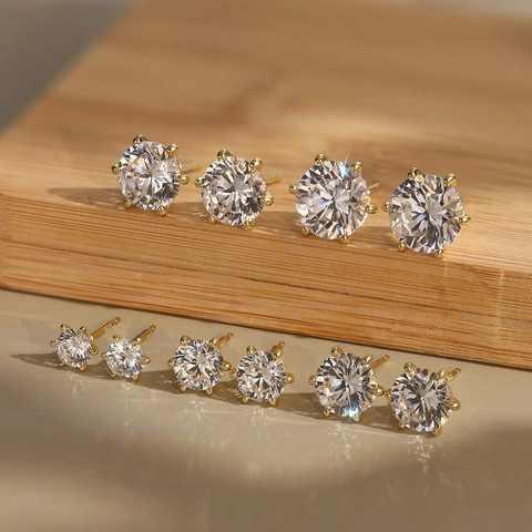 Orecchini a Bottone Classici in Argento Sterling 925 per Donna con Zirconia Scintillante a Sei Griffe Gioielli da Sposa