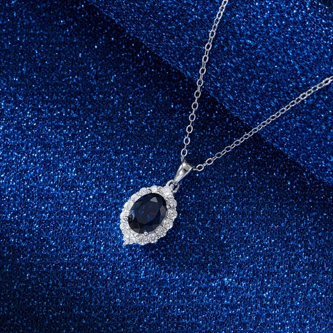 925 Sterling Silver Blue Zirconia Pendant Necklace For Women Elegant Oval Gemstone Jewelry Sapphire Color Geometric Neck Chain