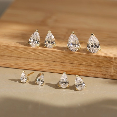 Minimalist 925 Sterling Silver Pear Cut Zirconia Stud Earrings 14K Gold Plated Elegant Water Drop Jewelry For Women Daily Gift