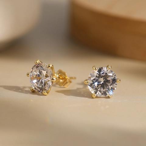 Boucles d'Oreilles Clous Classiques en Argent Sterling 925 avec Zirconia Cubique Ronde à Six Griffes pour Femme Bijoux de Mariée