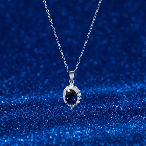 925 Sterling Silver Blue Zirconia Pendant Necklace For Women Elegant Oval Gemstone Jewelry Sapphire Color Geometric Neck Chain