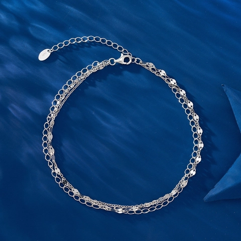 925 Sterling Silver Double Layer Sequin Chain Anklet For Women 14K Gold Plated Minimalist Multi Layer Link Chain Anklet Adjustable Summer Beach Foot Jewelry