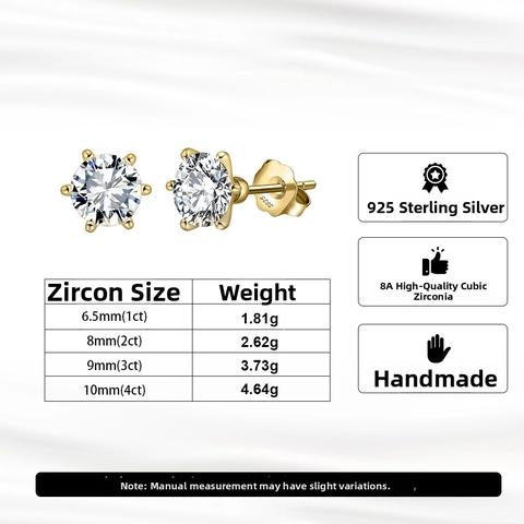 Boucles d'Oreilles Clous Classiques en Argent Sterling 925 avec Zirconia Cubique Ronde à Six Griffes pour Femme Bijoux de Mariée