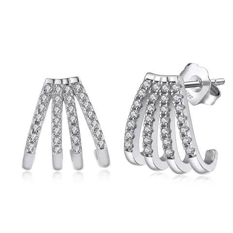 Luxury 925 Sterling Silver 4 Row Pavé Rhinestone Claw Stud Earrings For Women 14K Gold Plated Punk Geometric Fashion Jewelry