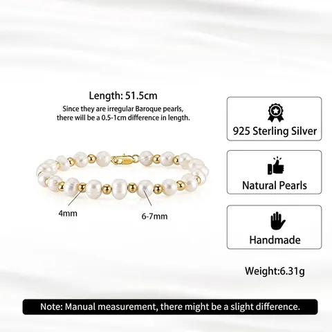 18K Vergoldetes 925 Sterlingsilber Süßwasserperlen Armband Für Herren Damen Elegant Verstellbar Handgefertigter Schmuck Geschenk