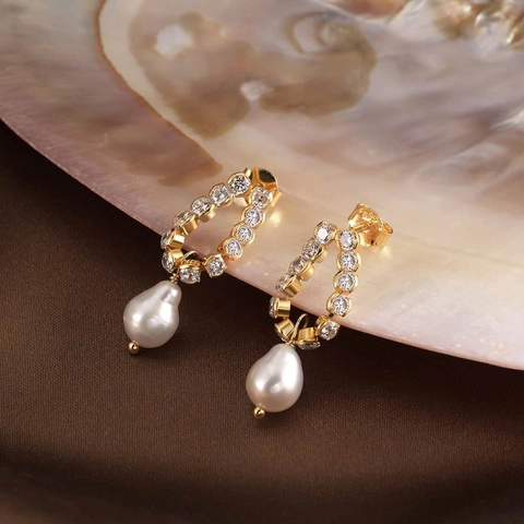 925 Sterling Silver Natural Baroque Pearl Drop Earrings For Women Gold Plated Geometric U-Shaped Zirconia Inlaid Earrings