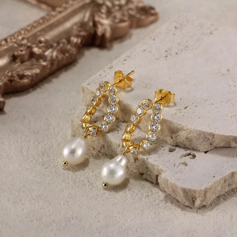 925 Sterling Silver Natural Baroque Pearl Drop Earrings For Women Gold Plated Geometric U-Shaped Zirconia Inlaid Earrings