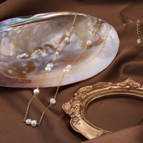 Collar de Perla de Agua Dulce de Plata de Ley 925 Minimalista para Mujer Chapado en Oro 14K Cadena Geométrica Joyería de Moda
