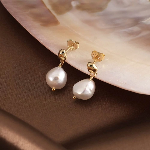 Pendientes de Plata de Ley 925 con Perla de Agua Dulce Barroca Natural Pendientes Colgantes Geométricos Bañados en Oro para Mujer