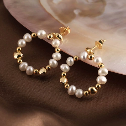 Orecchini a Cerchio in Argento Sterling 925 con Perle d'Acqua Dolce per Donna Placcati in Oro Geometrici Orecchini Gioielli Moda