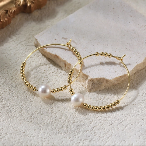 Orecchini a Cerchio in Argento Sterling 925 Con Perla d'Acqua Dolce per Donna Gioielli a Cerchio Geometrici Placcati in Oro Hip Hop