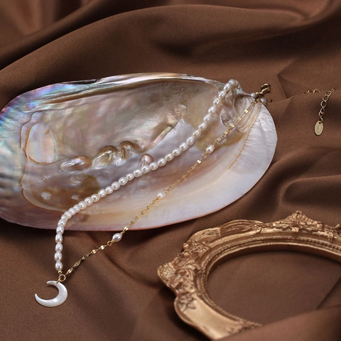 Collana in Argento Sterling 925 Con Perla d'Acqua Dolce Naturale Pendente a Mezzaluna Asimmetrico Gioielli Eleganti per Donna