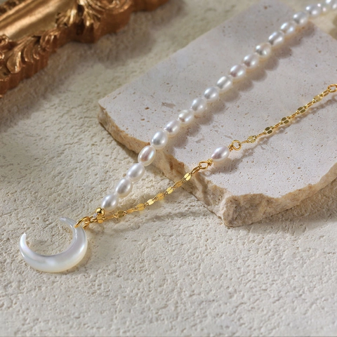 Collana in Argento Sterling 925 Con Perla d'Acqua Dolce Naturale Pendente a Mezzaluna Asimmetrico Gioielli Eleganti per Donna