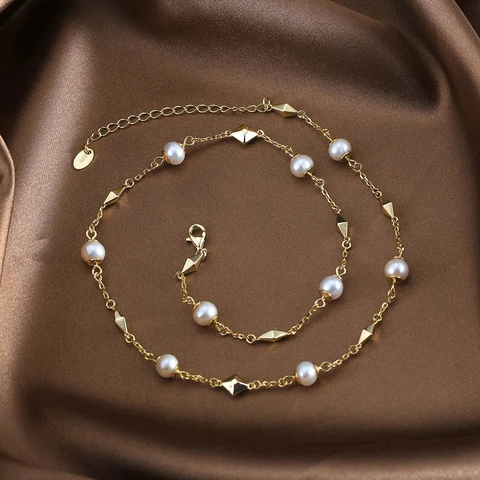 Collana in Argento Sterling 925 con Perle d'Acqua Dolce per Donna Placcata in Oro 14K Girocollo con Perline Geometriche Gioielli Eleganti