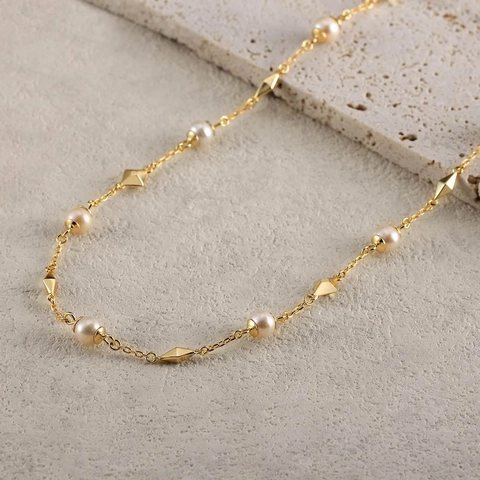 Collana in Argento Sterling 925 con Perle d'Acqua Dolce per Donna Placcata in Oro 14K Girocollo con Perline Geometriche Gioielli Eleganti