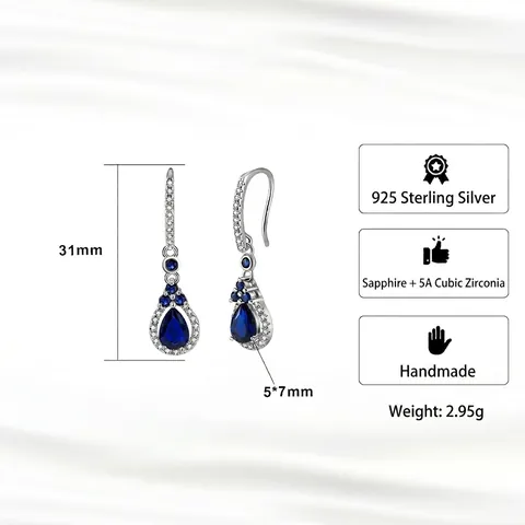 Orecchini Pendenti in Argento Sterling 925 Blu a Goccia d'Acqua per Donna Eleganti con Strass Intarsiati a Forma di Pera per Matrimonio Festa