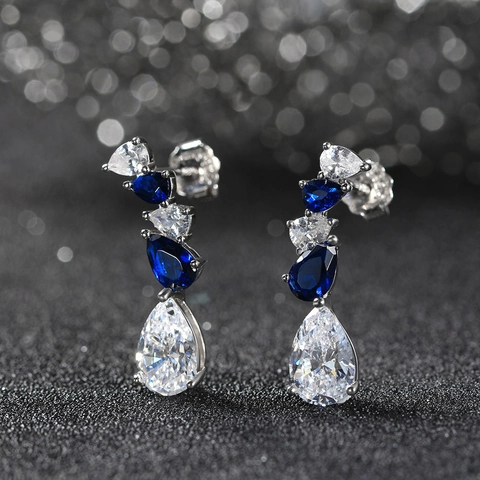 Luxury S925 Sterling Silver Pear Shaped Blue White Zirconia Drop Earrings Elegant Fashion Jewelry For Women Gift Accessory