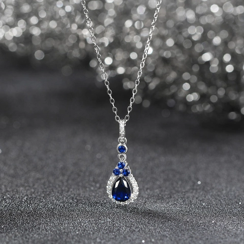 S925 Sterling Silver Pear Shaped Blue Zirconia Pendant Necklace White Gold Plated Luxury Elegant Jewelry For Women Gift