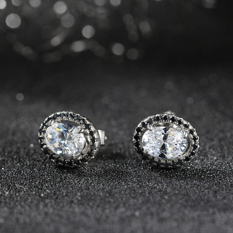 S925 Sterling Silver Oval White Zirconia Stud Earrings With Black Halo Punk Style Luxurious Earrings For Women Fashion Jewelry