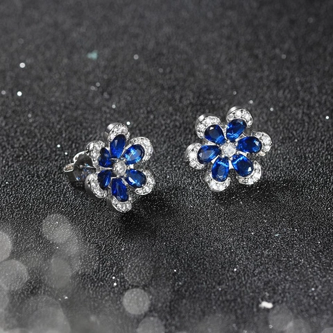 Luxury 925 Sterling Silver Flower Stud Earrings Blue Zirconia Sparkling Floral Petal Earrings For Women High Quality Elegant Jewelry