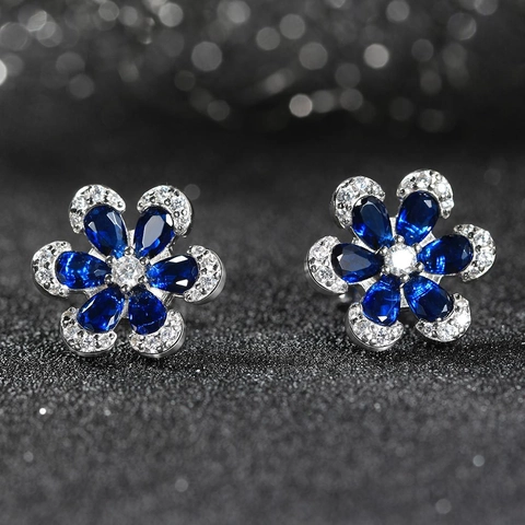 Luxury 925 Sterling Silver Flower Stud Earrings Blue Zirconia Sparkling Floral Petal Earrings For Women High Quality Elegant Jewelry