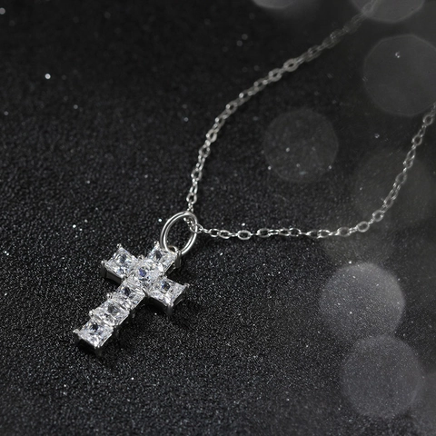 925 Sterling Silver Cross Pendant Necklace For Women Square Cut Zirconia Minimalist Fashion Jewelry Chain Necklace