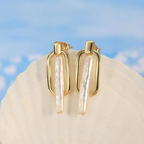 Pendientes de Plata de Ley 925 con Perla de Agua Dulce para Mujer Geométricos Barrocos Perla Irregular Oro Joyería