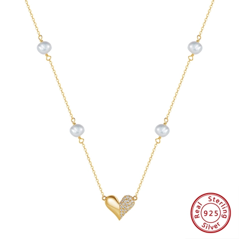 925 Sterling Silver Heart Pendant Necklace With Artificial Pearl Rhinestone Elegant Gold Plated Minimalist Jewelry For Women