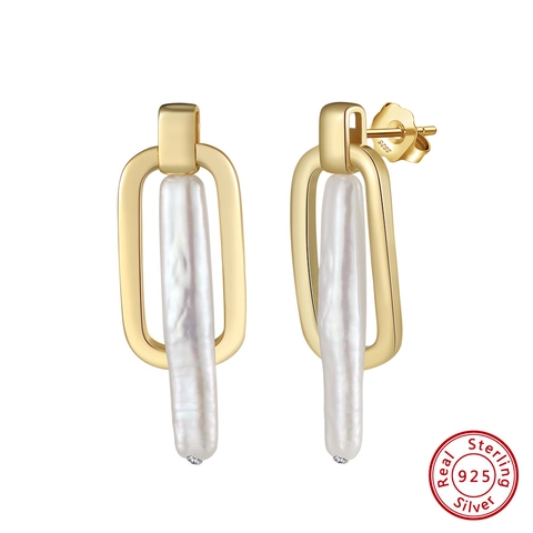 Pendientes de Plata de Ley 925 con Perla de Agua Dulce para Mujer Geométricos Barrocos Perla Irregular Oro Joyería