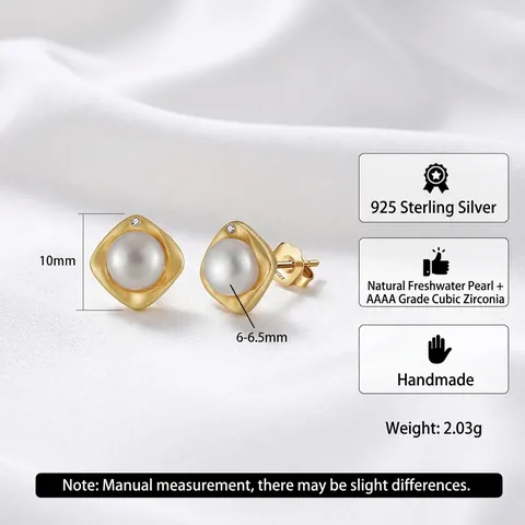 Pendientes de Botón de Plata de Ley 925 Perla de Agua Dulce para Mujer Chapado en Oro Geométrico Elegante Joyería Regalo